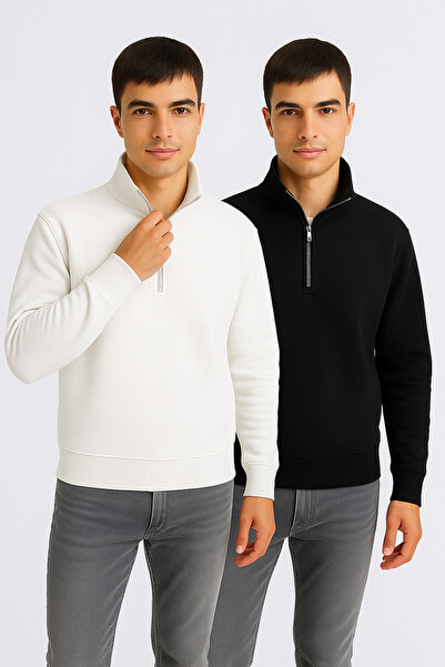 DeFacto 2-Pack Comfort Fit Mock Neck Textured Half-Zip Waffle Sweatshirt D7543Ax25Sp
