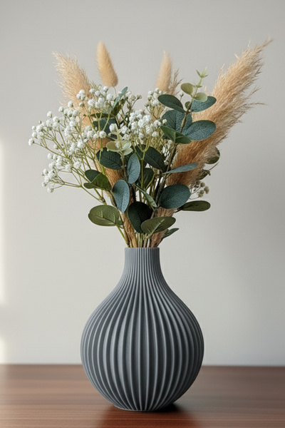 MEK مزهرية بلاستيكية مزخرفة بخطوط عمودية باللون الرمادي (18×14 سم)