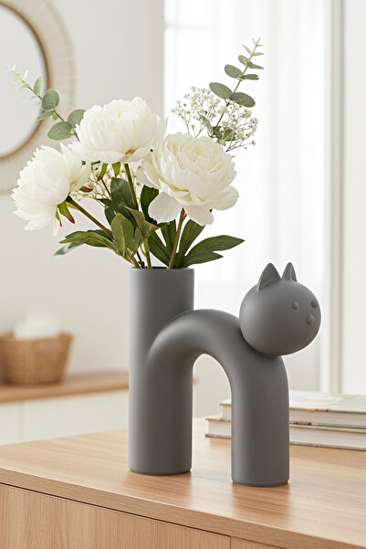 MEK Vază modernă din plastic cu pisică modele drăguțe, gri (17x15cm)