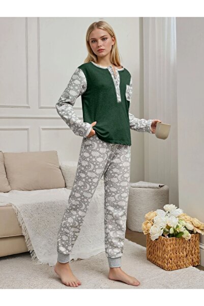 CARLA MARA Green Top Detailed Gray Moon Patterned Single Jersey Fabric Fleece-Lined Women's Pajama Set