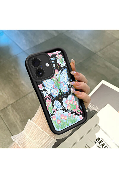 ucuc غطاء هاتف أنيق بنمط الزنبق والفراشة من السيليكون الأسود متوافق مع آيفون 16