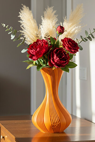 MEK مزهرية بلاستيكية أنيقة مخططة للزينة باللون البرتقالي (24×15 سم)