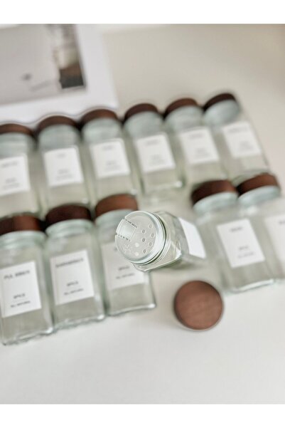 EG75 Set of 12 Acacia Lid Glass Spice Racks (32 Labels with Gift)