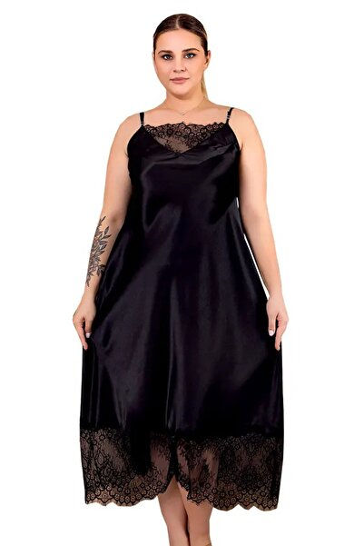 lidofya Lace-trimmed long black plus size nightgown and robe set