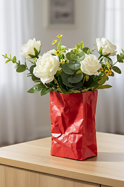 MEK مزهرية بلاستيكية حديثة مزخرفة بتصميم ورق مجعد باللون الأحمر (20x15 سم)