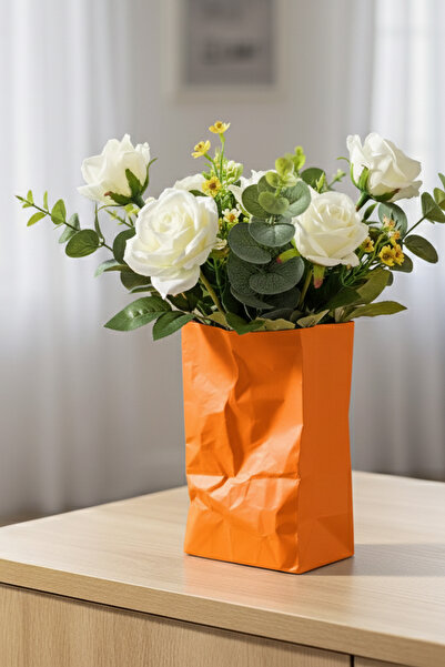 MEK مزهرية بلاستيكية مزخرفة حديثة بتصميم ورق مجعد برتقالي (20x15 سم)