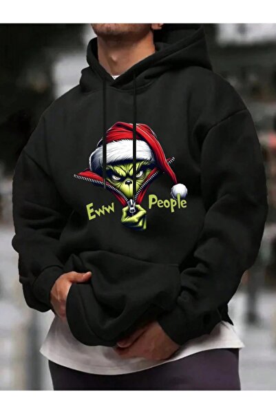 ship master هودي للجنسين أسود قصة فضفاضة بغطاء رأس 100% قطن 3 خيوط B مطبوع مق...