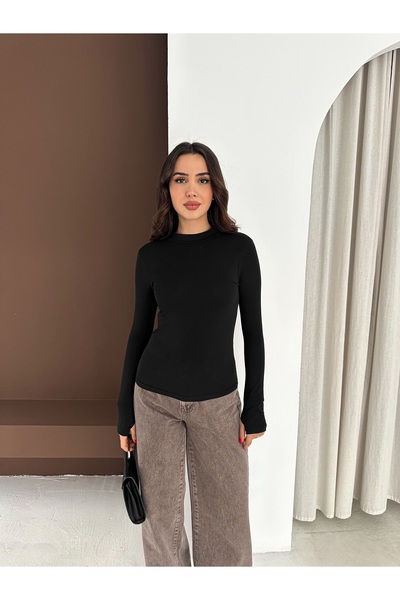 sportiness Finger Interlocking Long Sleeve Half Fisherman Stretch Fabric Combed Cotton Blouse