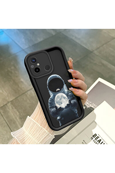 ucuc Redmi 12C Uyumlu Siyah Silikon Astronot ve Ay Desenli Lens Koruma Telefo...