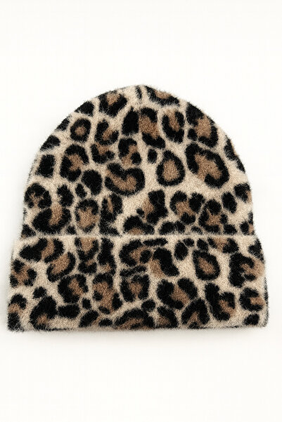Butik Kadın Yumuşak Dokulu Leopar Desenli Katlamalı Tüylü Akrilik Bere
