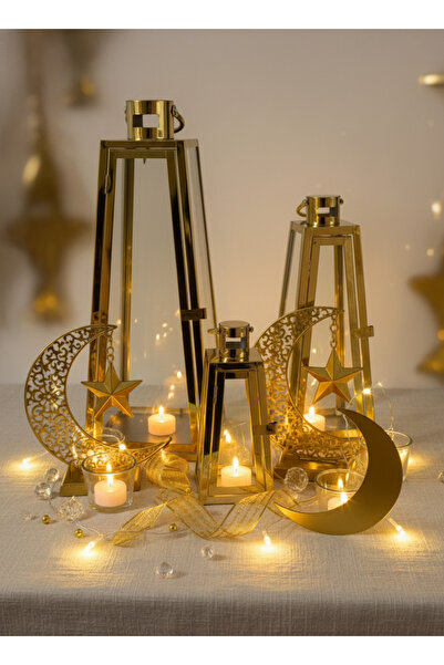 Living مجموعة من 3 فوانيس معدنية على شكل هرم - إضاءة أنيقة وأجواء ساحرة