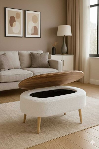 own home Luno Sandıklı Orta Sehpa, Teddy Kumaş Kaplamalı Ahşap Ayaklı Yuvarlak Orta Sehpa, Modern Orta Sehpa