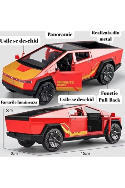 OEM Tesla Cybertruck Metal Car, Sounds and Lights, Moving Doors, Pull-Back Function, 15cm, Red