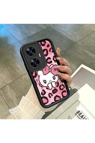 ucuc Realme C55 Uyumlu Siyah Yüksek Kaliteli Silikon Leopar Desenli Kitty Tel...
