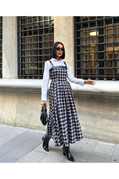 Afiş Butik Black Women's Plaid Patterned Thick Strap Long Dress