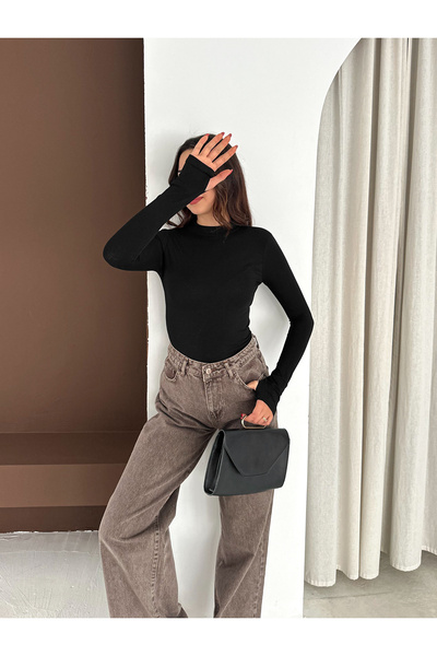 02Lady Fashion Half Fisherman Finger Interlaced Long Sleeved Stretch Fabric Combed Cotton Blouse