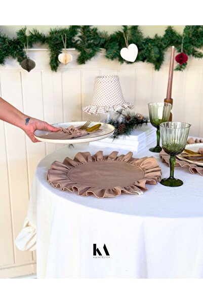 KaiAtelier 2Li Sienna Keten Yuvarlak Fırfır Detaylı Amerikan Servis/ Supla KAHVE