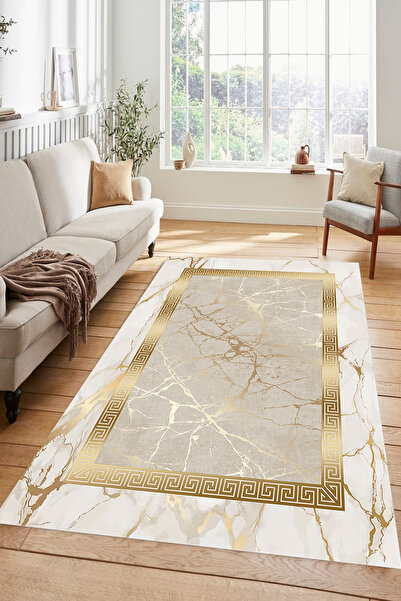 Kessy Home Studio Gold Mermer Desenli Yunan Bordürlü Modern Kaymaz Yıkanabili...