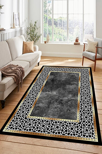 Kessy Home Studio Siyah Altın Mermer Desenli Yıkanabilir Kaymaz Salon Halısı ...