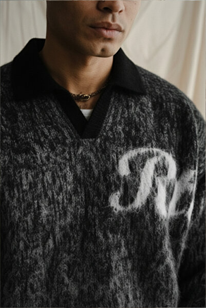 A&O Style Men's Black Oversized Half Placket Polo Neck Rtc Printed Furry Sweater