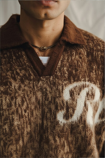 A&O Style Men's Brown Oversized Half Placket Polo Neck Rtc Printed Furry Sweater