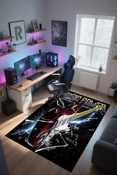 Reyhani Gitar Desenli Kaymaz Taban Makinede Yıkanabilir Çocuk Gamıng Halısı Y...