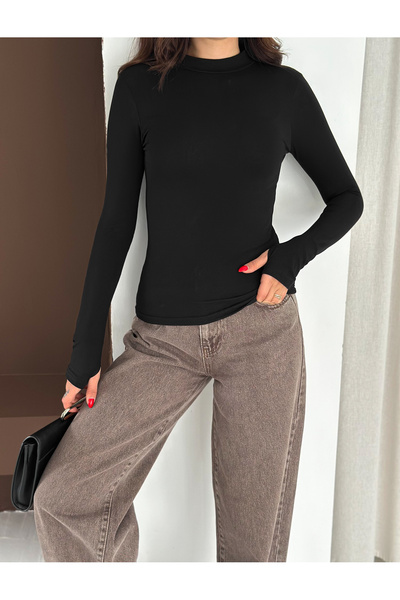 02Lady Fashion Half Fisherman Finger Interlaced Long Sleeved Stretch Fabric Combed Cotton Blouse