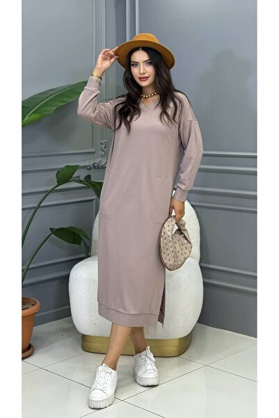 Genesis cannes Long Sleeve V-Neck Beige Long Dress