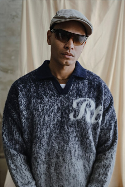 A&O Style Men's Navy Blue Oversized Half Placket Polo Neck Rtc Printed Furry Sweater