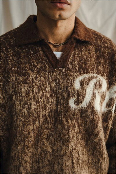 A&O Style Men's Brown Oversized Half Placket Polo Neck Rtc Printed Furry Sweater