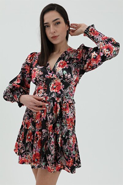 VELİZADE Rochie mini neagră, florală, cu aspect de satin, cu mâneci bufante, ...