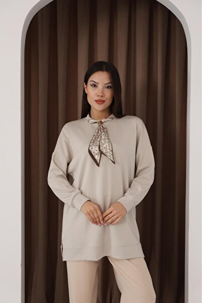 DELUG Kadın Bej Fularlı Modal Kazak