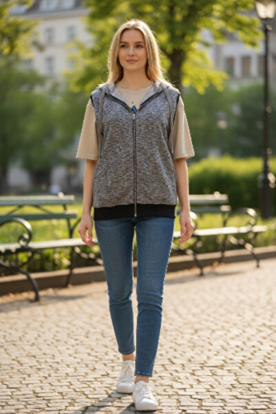 AHMERA Gray Unisex Hooded Transitional Navy Blue Cuffed Vest