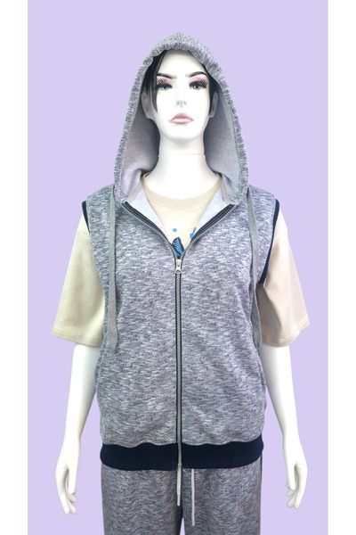 AHMERA Gray Unisex Hooded Transitional Navy Blue Cuffed Vest