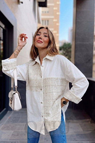 Qaju Women's Tweed Fabric Detailed Glitter Stripe Cotton Shirt - Ecru