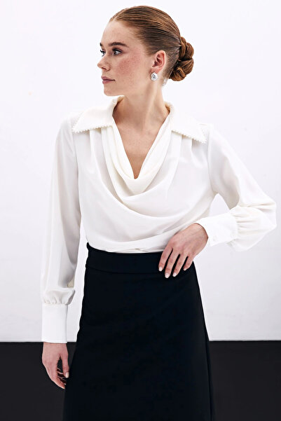 Sateen Широка перлена блуза с яка Degaje - ECRU