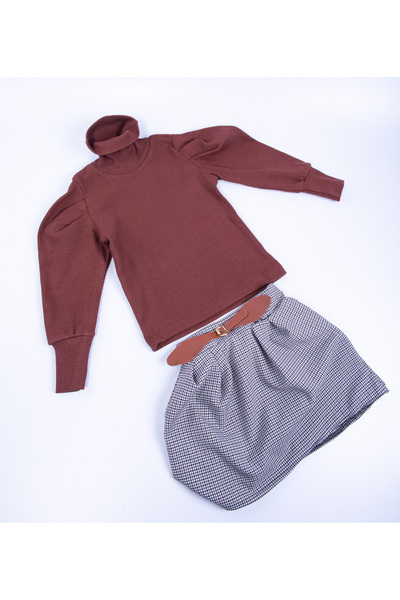 By Cwhr 100% Cotton Turtleneck Sweater Belted Plaid Mini Skirt Girls' Set