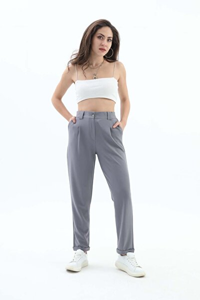 VELİZADE Gri Yüksek Bel Konfor Modeli Beli Lastikli Havuç Pantolon Bilek Boy ...