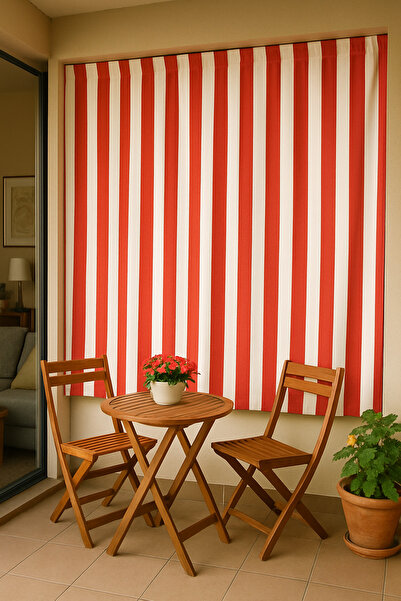 SHY TEKSTİL Lüks 1.Sınıf Su Geçirmez Kırmızı Beyaz Renk Balkon Perdesi Üst Ko...