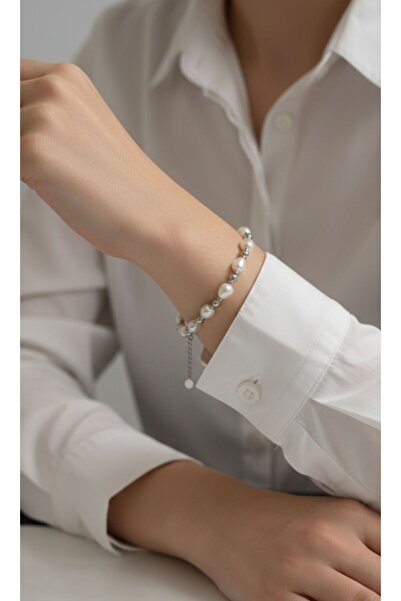 AKSESUARIM Women's Pearl and Ball Detailed Steel Bracelet