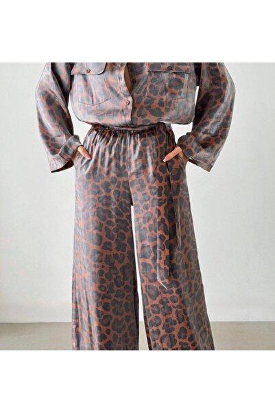 LWL بنطلون نسائي واسع الساق من الساتان بنقشة الفهد ذو خصر عالٍ
