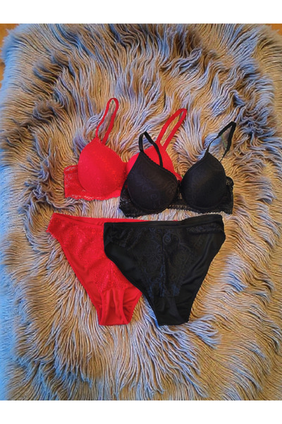 ARN HOMEWEAR Γυναικείο σετ σουτιέν με ενίσχυση, κόκκινο μαύρο, 2 τεμαχίων