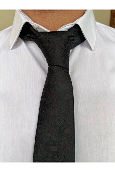 İpek Siyah Desenli Mendilli Kravat