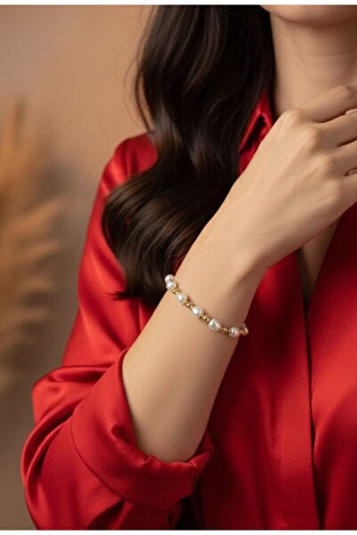 AKSESUARIM Women's Pearl and Ball Detailed Steel Bracelet