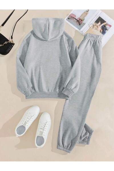 MONFİ Women's Set Oversize Hooded Sweatshirt with Elastic Legs Tracksuit