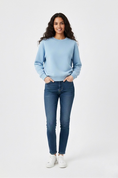 LAJMOUN Unisex Mavi Bisiklet Yaka Basic Sweatshirt – %100 Pamuk 2 İplik