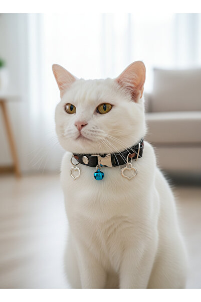 balkonda Cat Collar Leash Adjustable Genuine Leather Dark Brown Black with Heart Figure and Bell