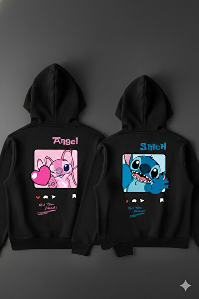 NİCE Dear Couple Combination Stitch and Angel Back Printed Design Hooded Sweatshirt Set of 2