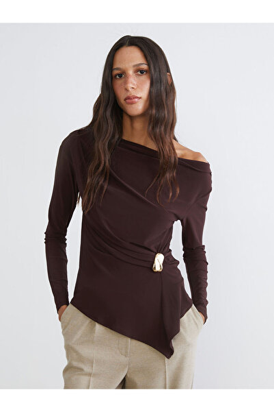 LC Waikiki Plum Boat Neck Gathered Blouse