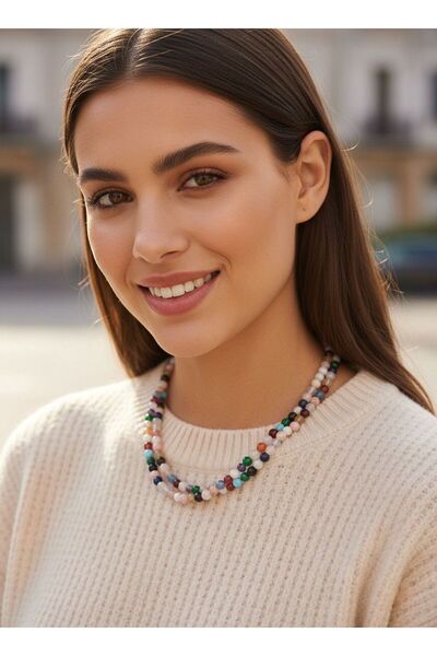 Capo by Aytaç Yamaç Multicolored Natural Stone Necklace That Stands Out with Its Colors |   Double Row Bohemian Women's Necklace |   Daily Style Icon